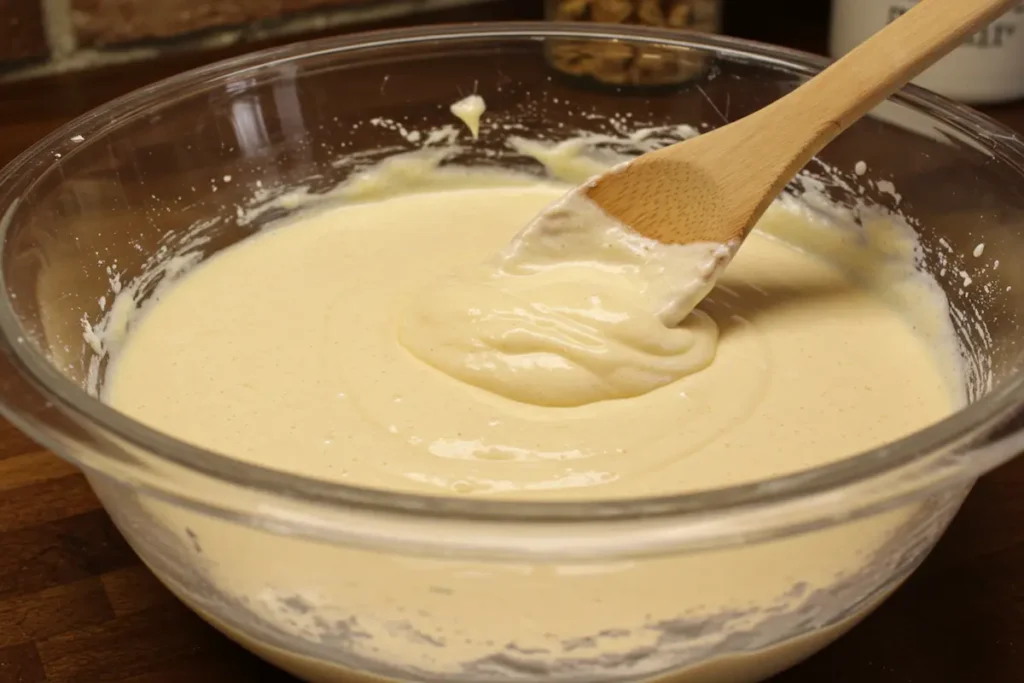 Mixing the batter for eggnog cupcakes, showing the fluffy texture.