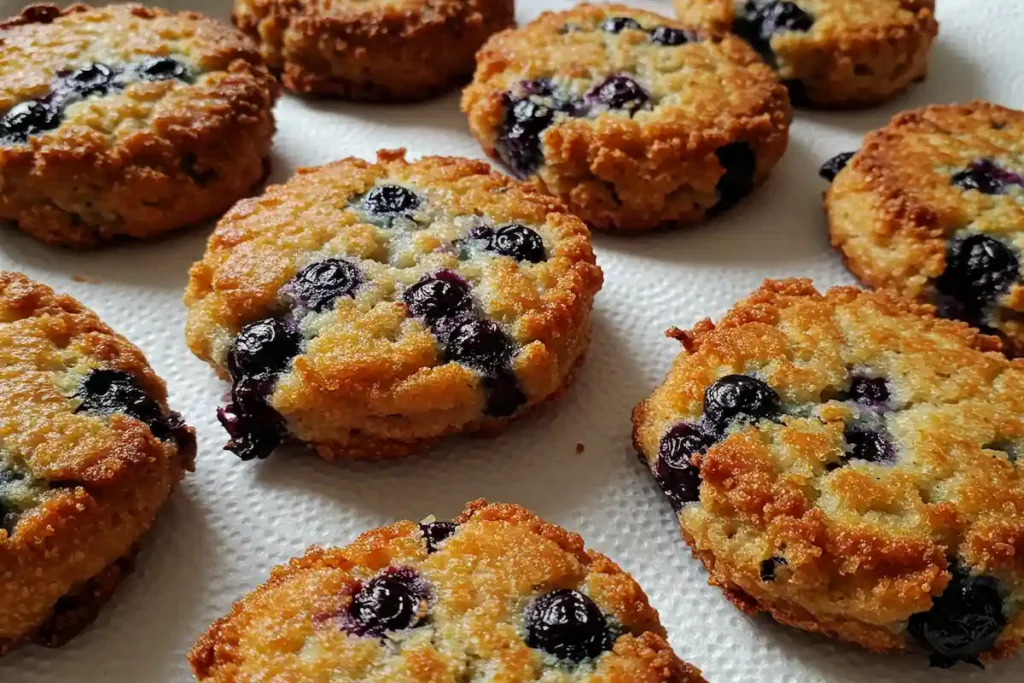 Fried blueberry fritters resting on a paper towel after frying.