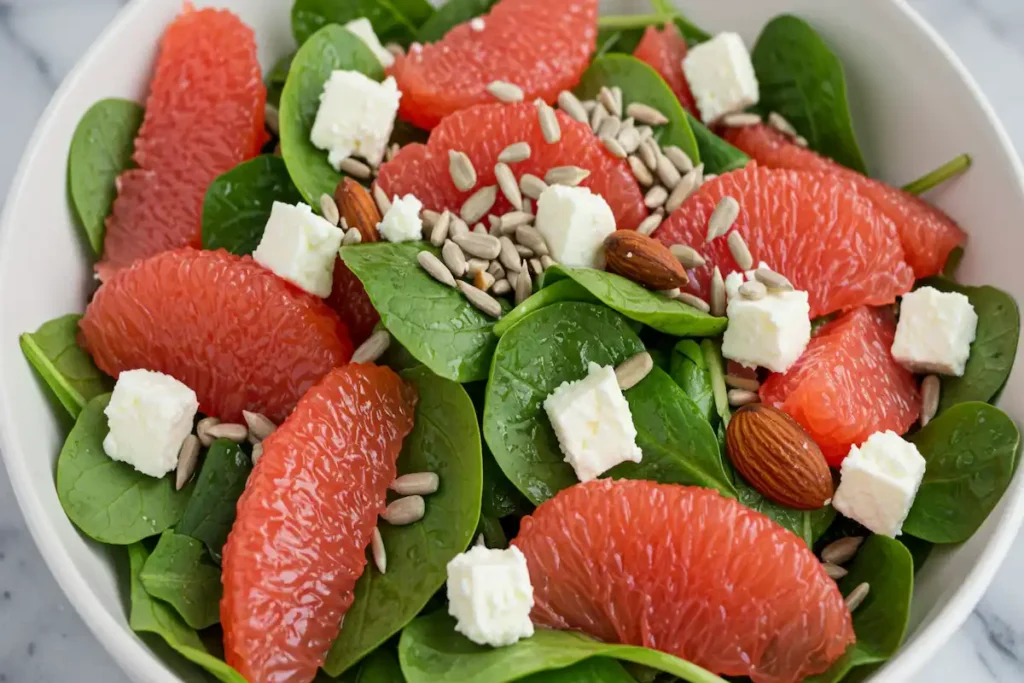 Fresh grapefruit salad with leafy greens, feta, and nuts