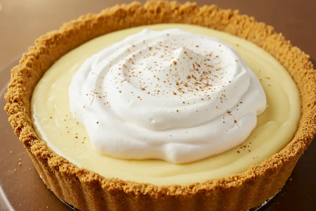 No-bake eggnog pie setting in a graham cracker crust, topped with whipped cream.