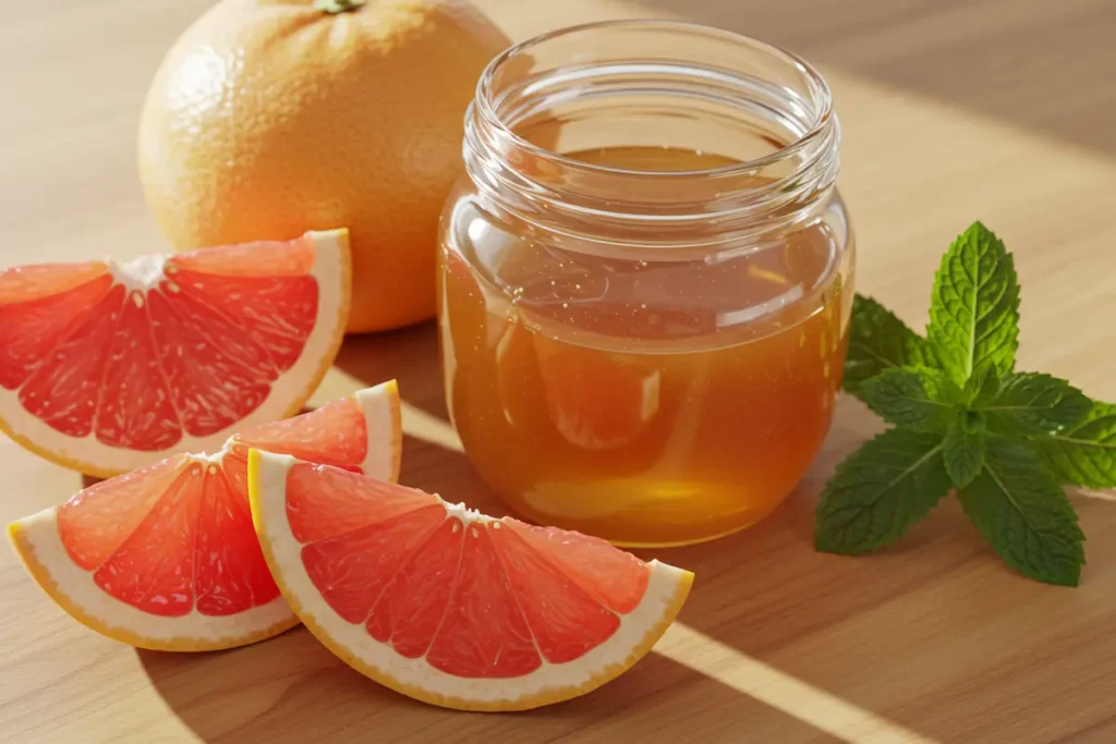 Ingredients for making grapefruit juice including fresh grapefruits, honey, and mint.