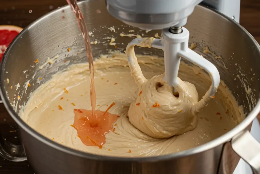 Mixing grapefruit cake batter with electric mixer.