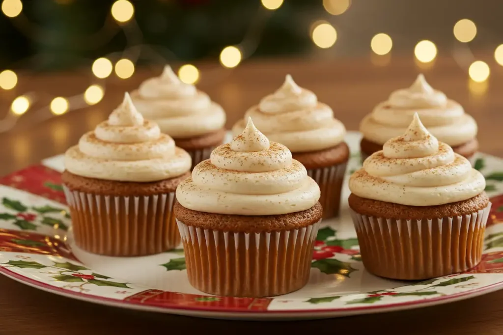 Decorating eggnog cupcakes with eggnog frosting and cinnamon sprinkles.