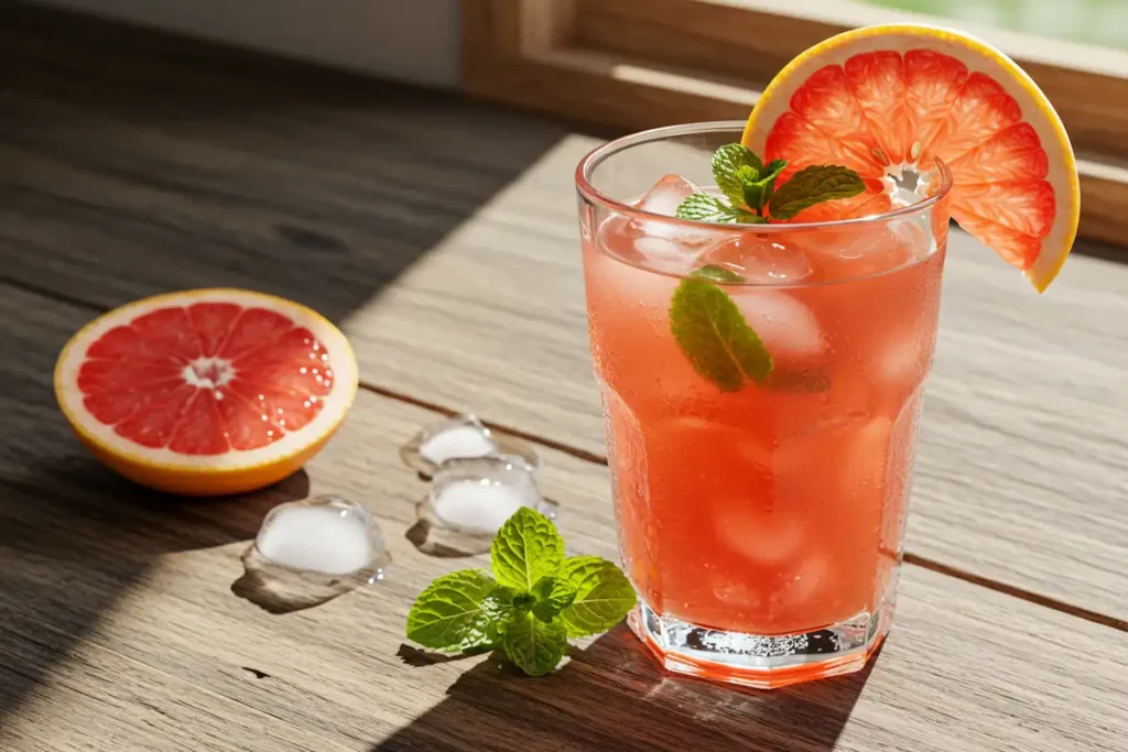 A glass of grapefruit juice served with ice cubes, mint leaves, and a slice of grapefruit.