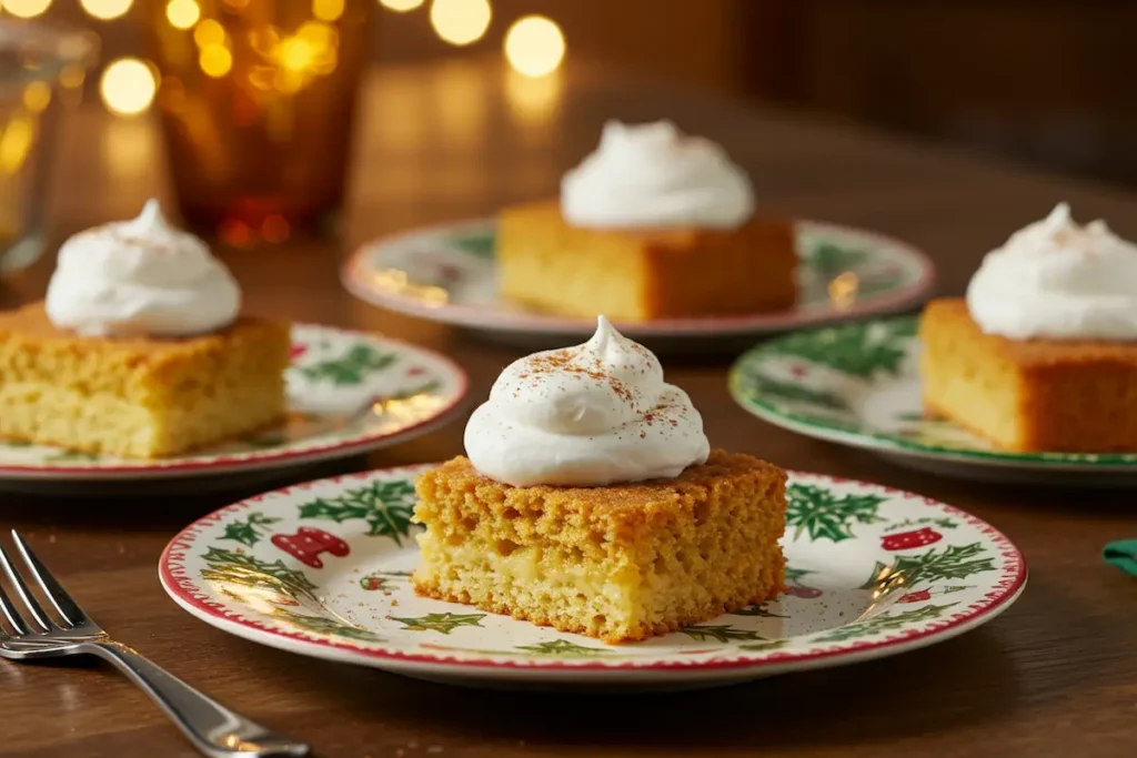 Eggnog poke cake served in individual portions with a sprinkle of cinnamon.