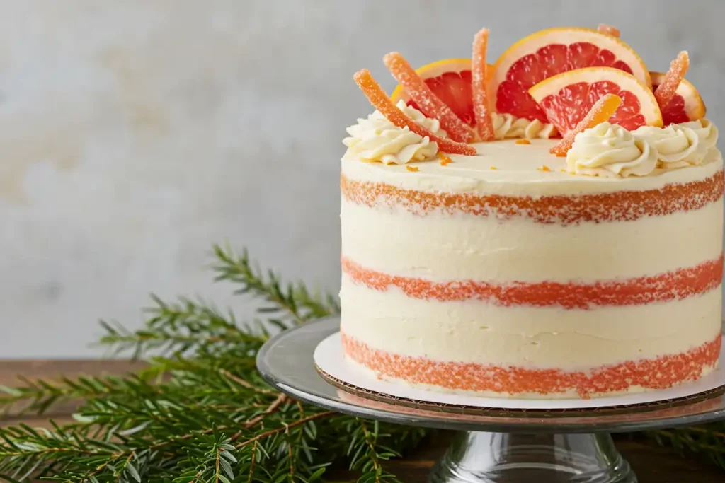 Grapefruit cake decorated with fresh slices and candied grapefruit peel.