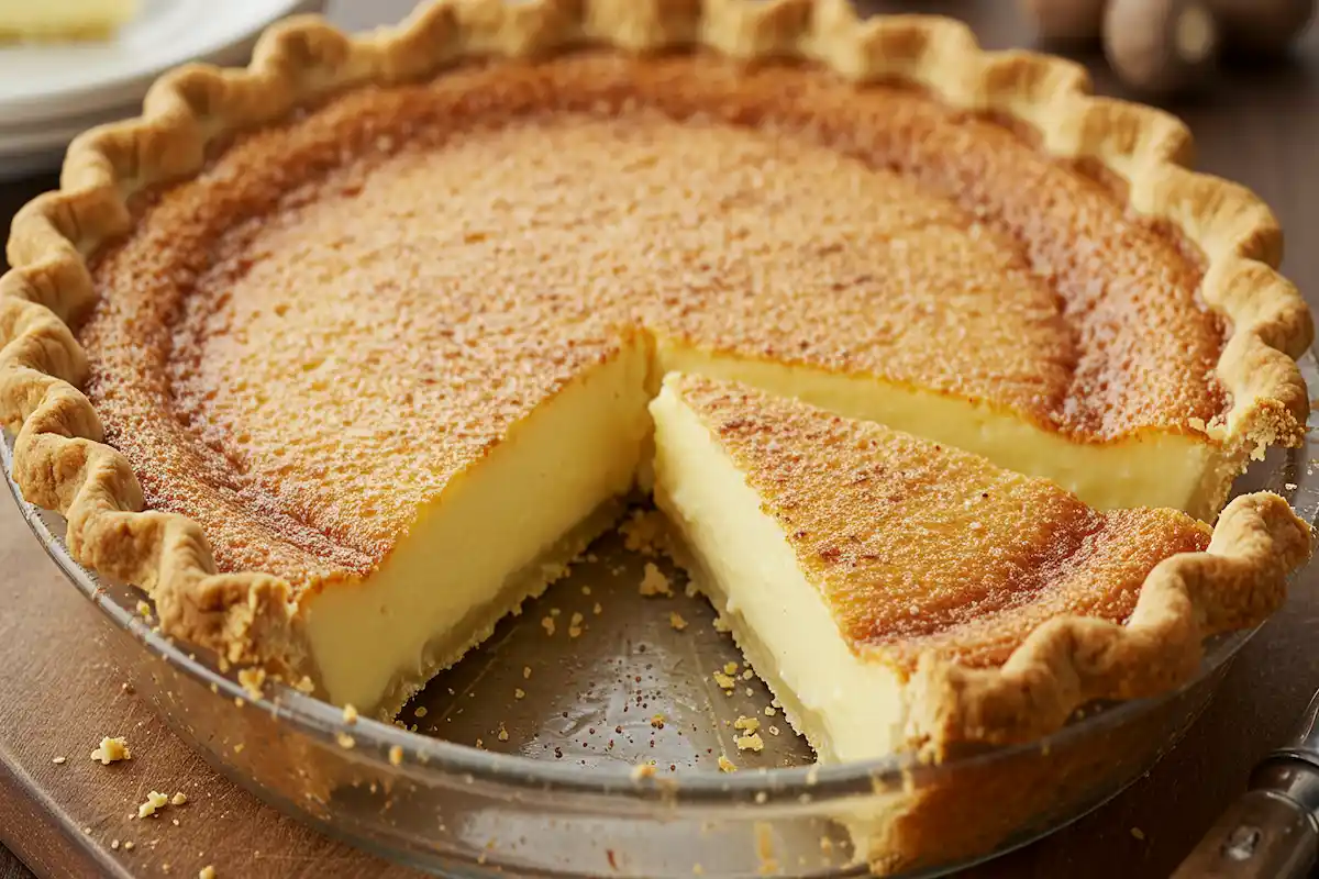 A perfectly baked eggnog pie with a golden, buttery crust and spiced custard filling.