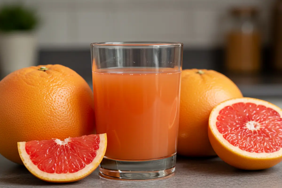 Freshly squeezed grapefruit juice in a glass with whole grapefruits beside it.