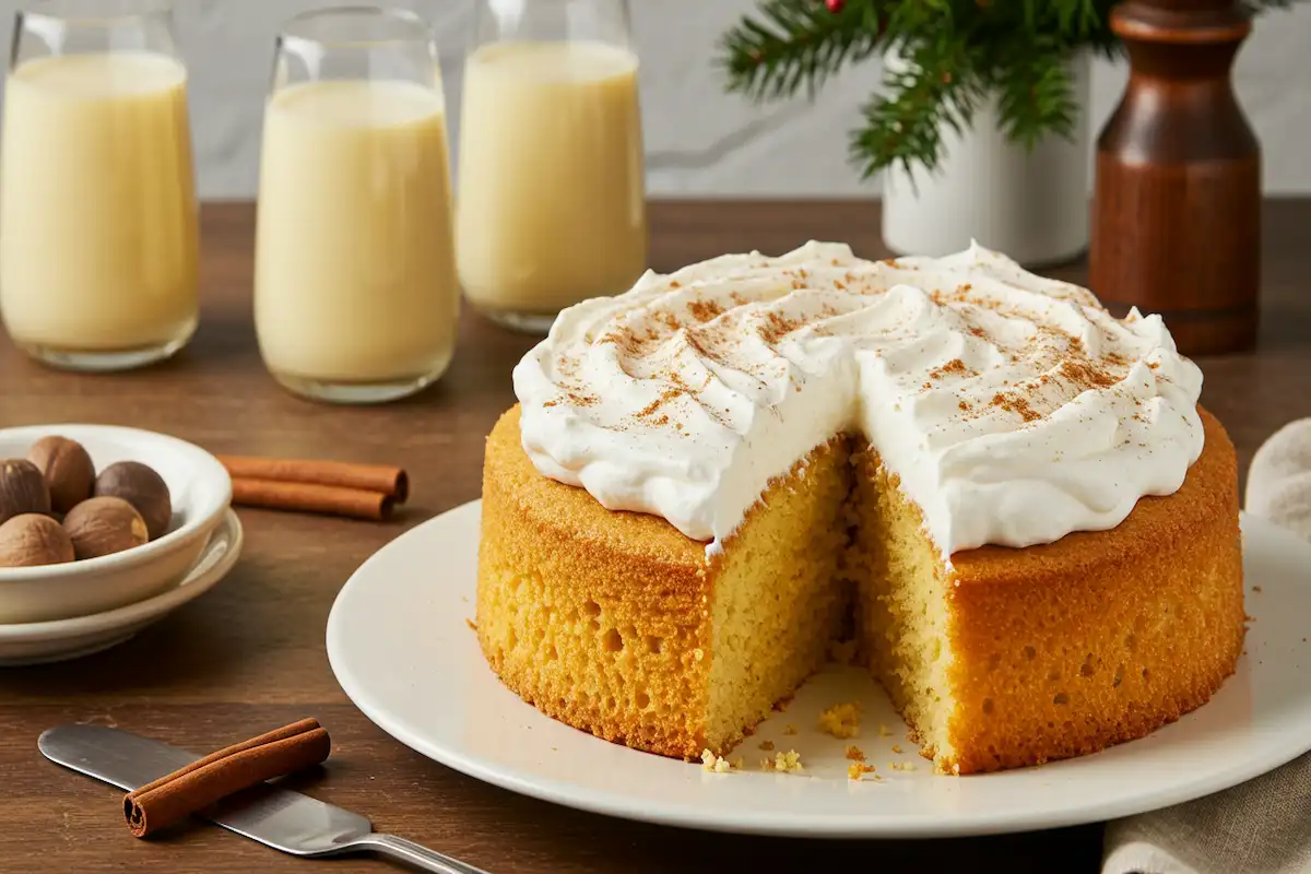 A beautifully decorated eggnog poke cake with whipped cream and a sprinkle of nutmeg.