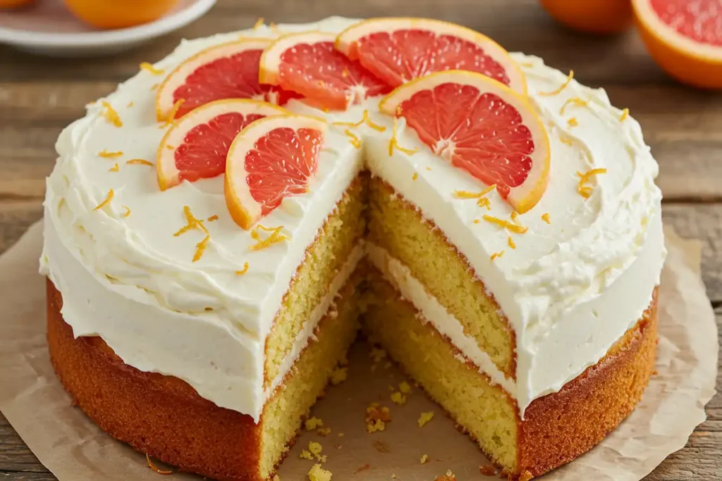 A freshly baked grapefruit cake with citrus buttercream frosting.