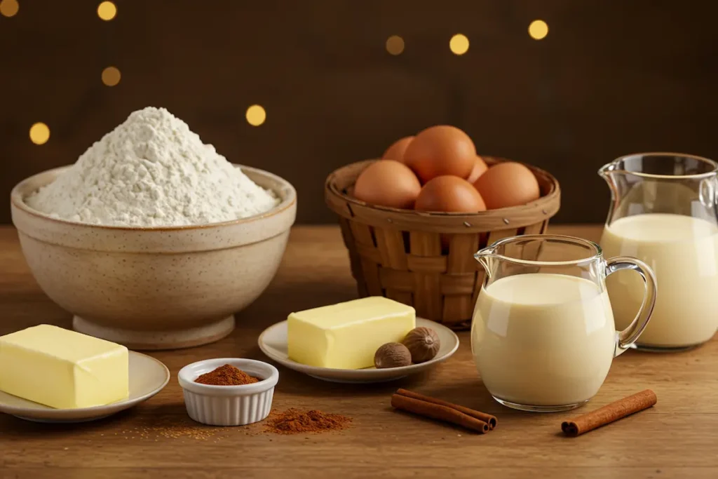 Key ingredients for eggnog cupcakes, including eggs, flour, butter, cinnamon, and eggnog.