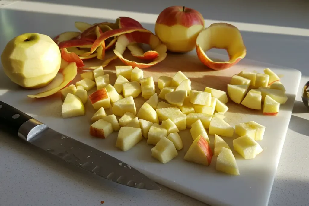 Chopping fresh apples for apple fritter bites recipe.