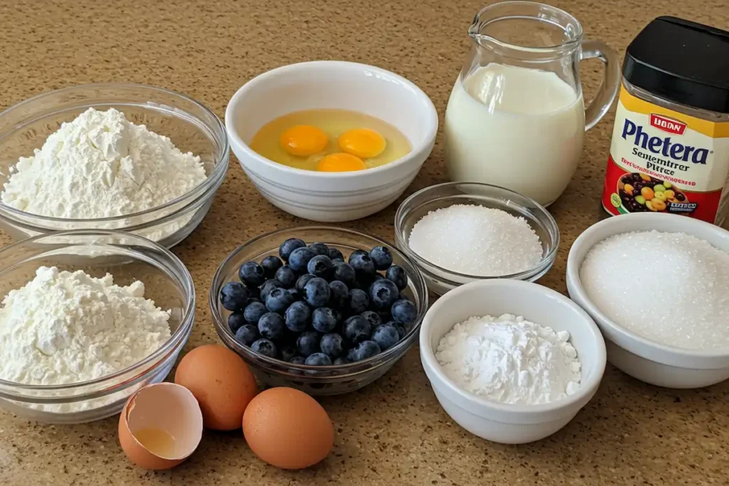 Ingredients for blueberry fritters laid out on a kitchen counter.