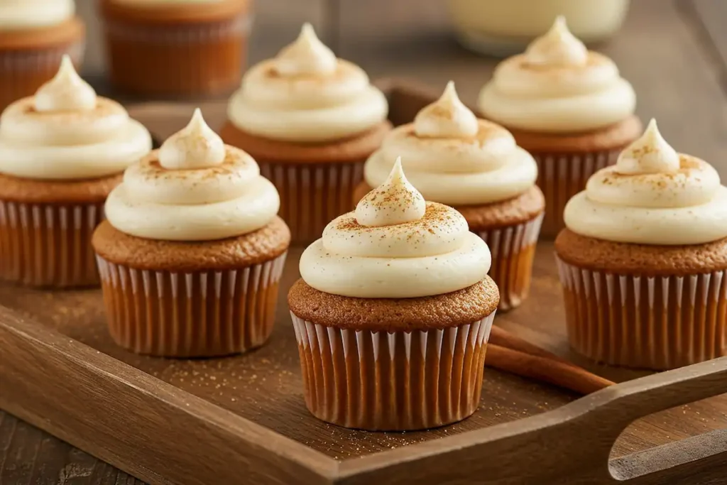 Eggnog cupcakes topped with creamy frosting, dusted with cinnamon, perfect for the holidays.