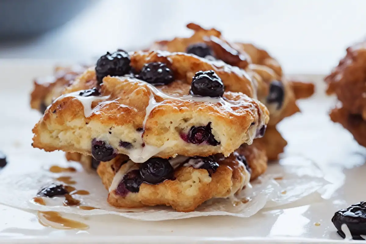 Blueberry fritters with a glaze, showing blueberries and a soft, fluffy texture.