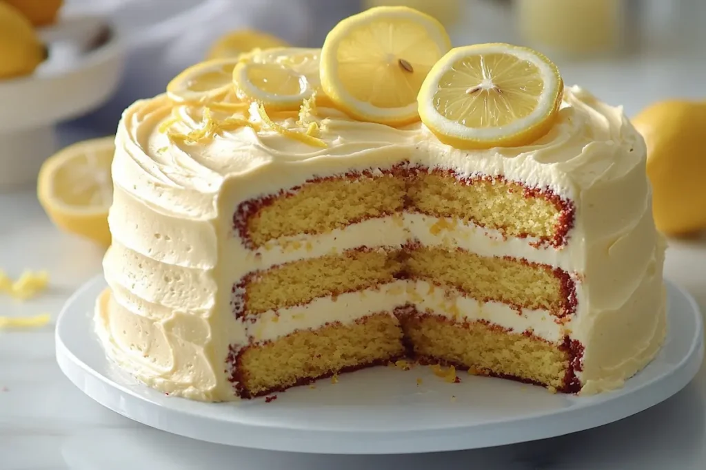 Lemon velvet cake with cream cheese frosting and fresh lemon slices.