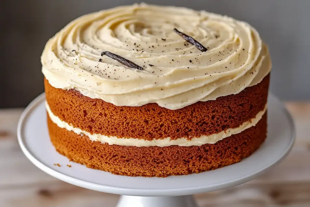 Vanilla bean cake with buttercream frosting, showcasing rich vanilla flavor.