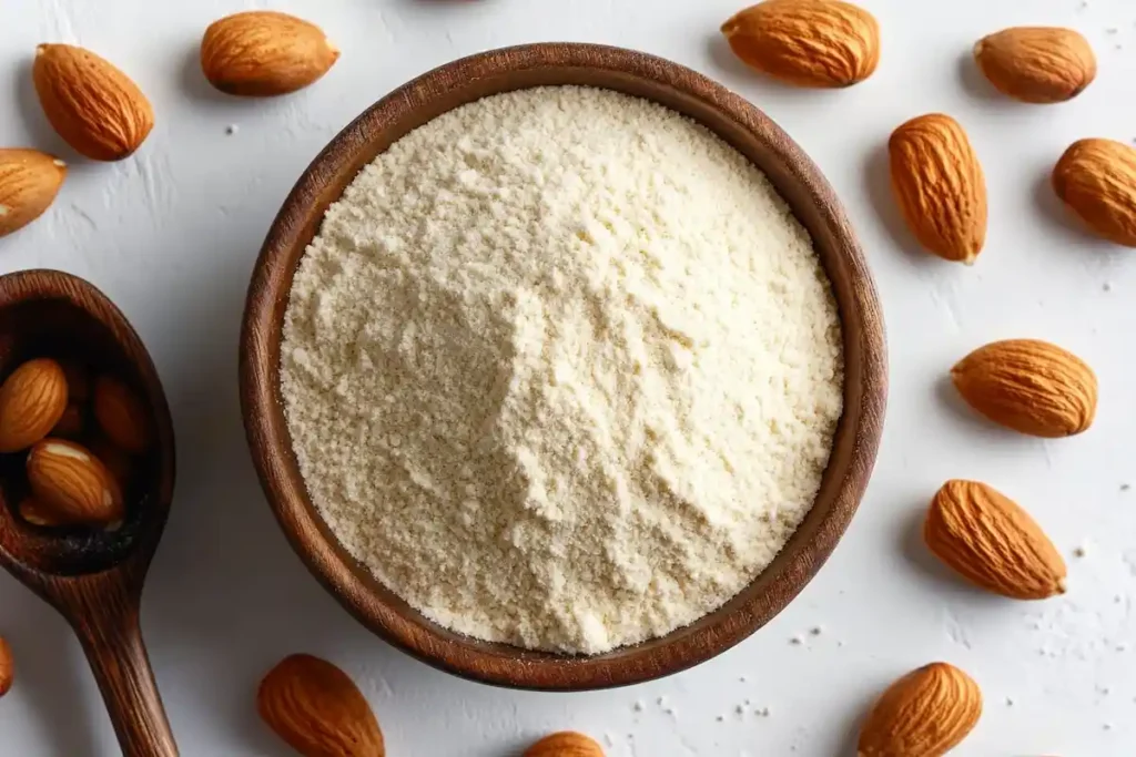 Almond flour in a bowl with almonds and a spoon.