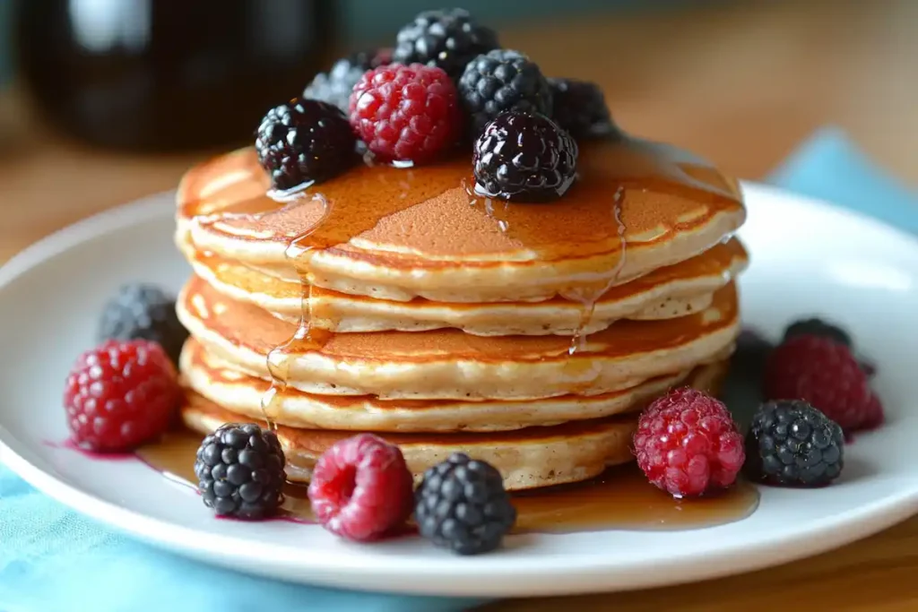 Drizzle of homemade vanilla-infused syrup on pancakes
