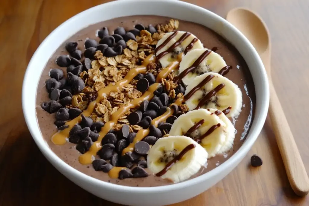 Chocolate peanut butter smoothie bowl topped with granola, dark chocolate chips, peanut butter drizzle, and banana slices.
