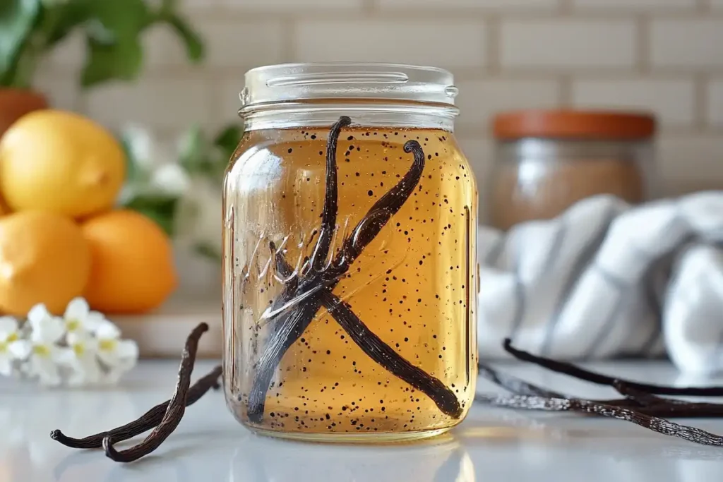 Vanilla bean syrup recipe in a glass jar with fresh beans