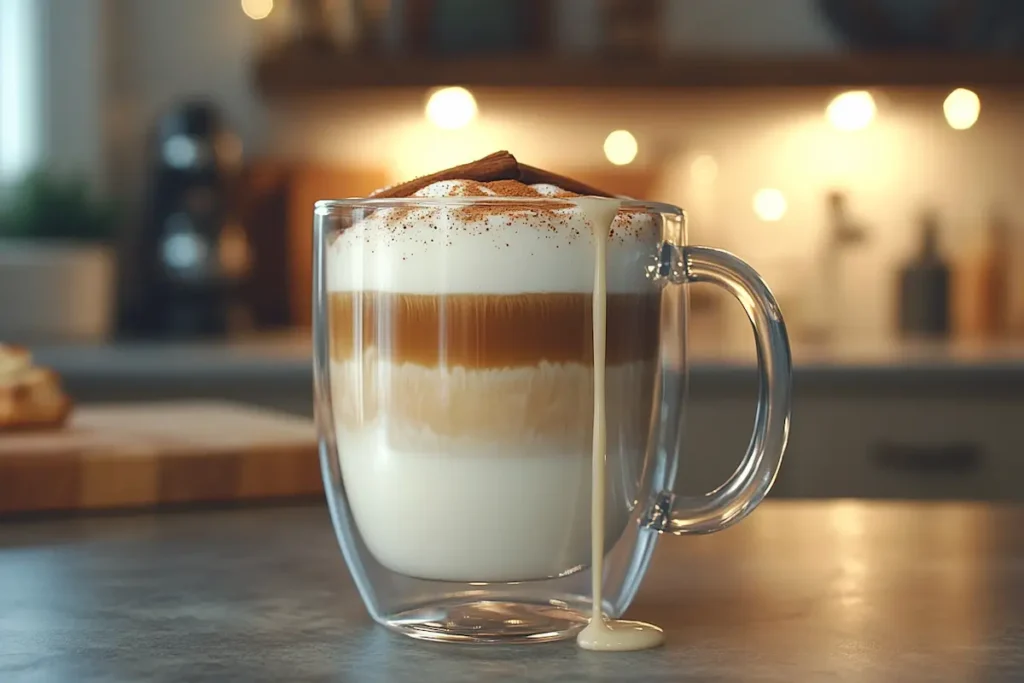 Vanilla latte served with a sprinkle of cinnamon and extra syrup