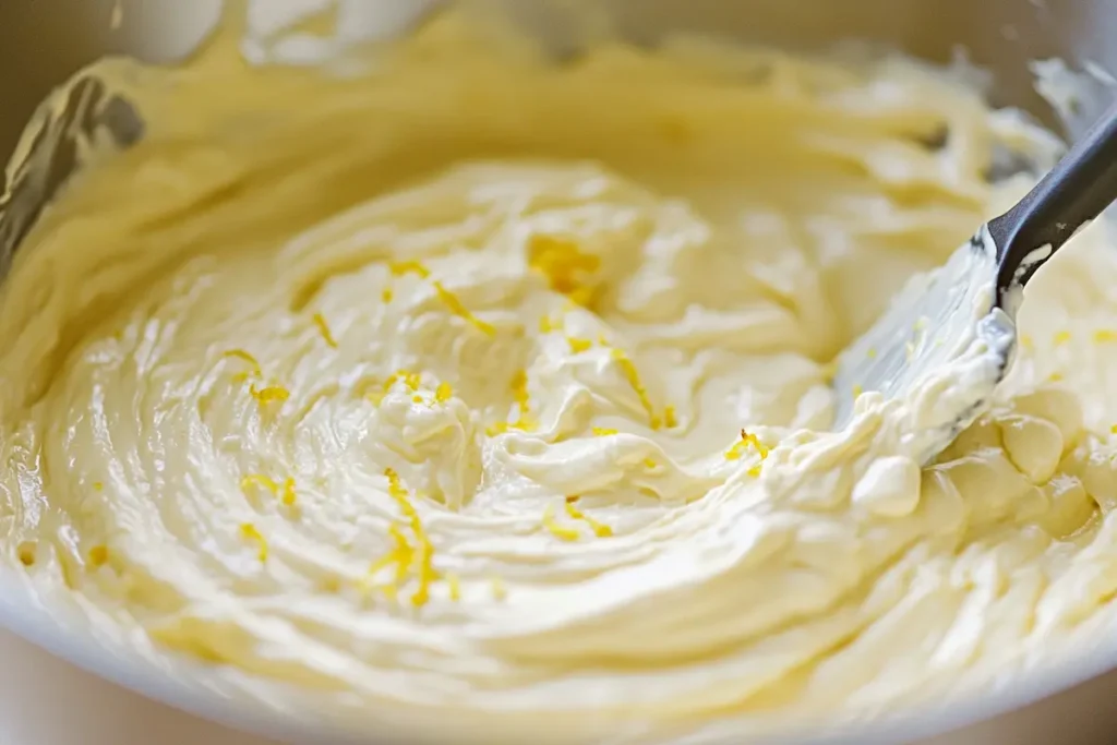 Preparing the batter for lemon velvet cake in a mixing bowl.