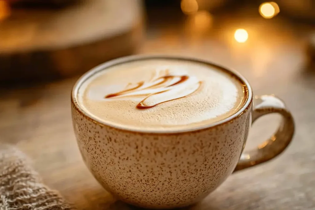 Vanilla latte in a coffee cup with frothy milk and vanilla syrup drizzle