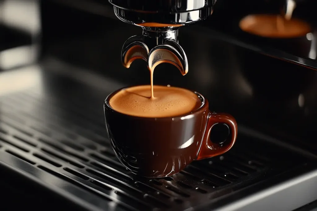 Close-up of espresso brewing for a vanilla latte