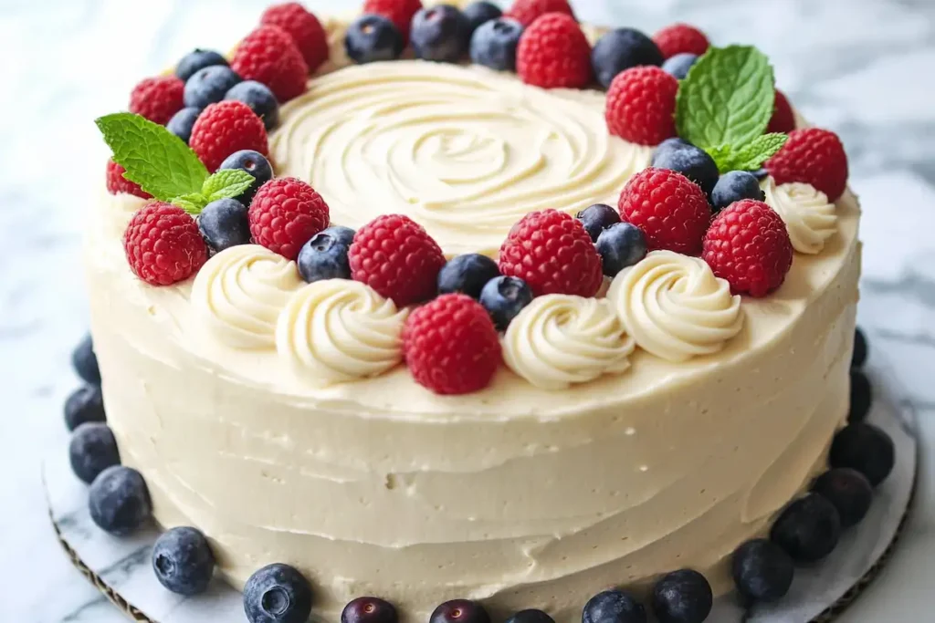 Vanilla bean cake decorated with fresh berries and buttercream.
