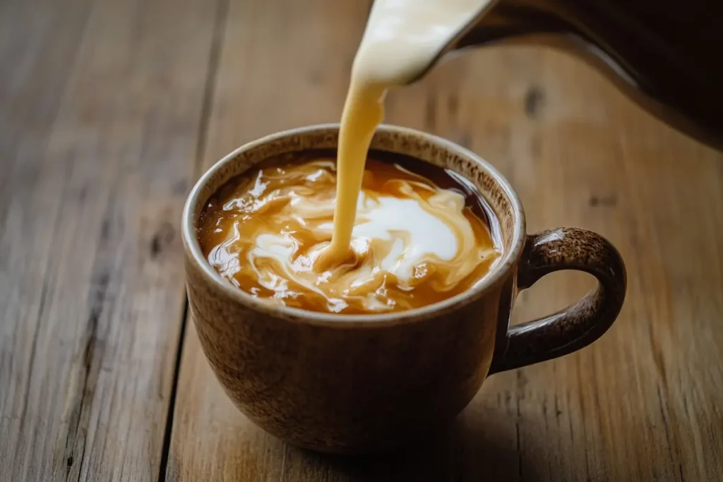 Pouring milk into a caramel-flavored latte