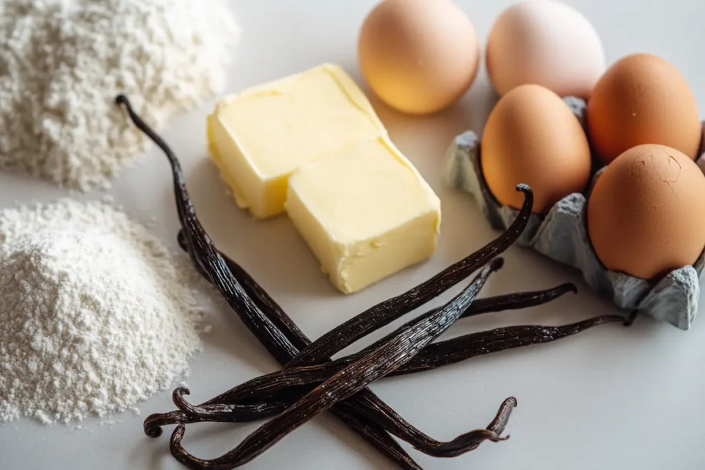 Fresh vanilla beans, butter, eggs, flour, and sugar for vanilla bean cake.