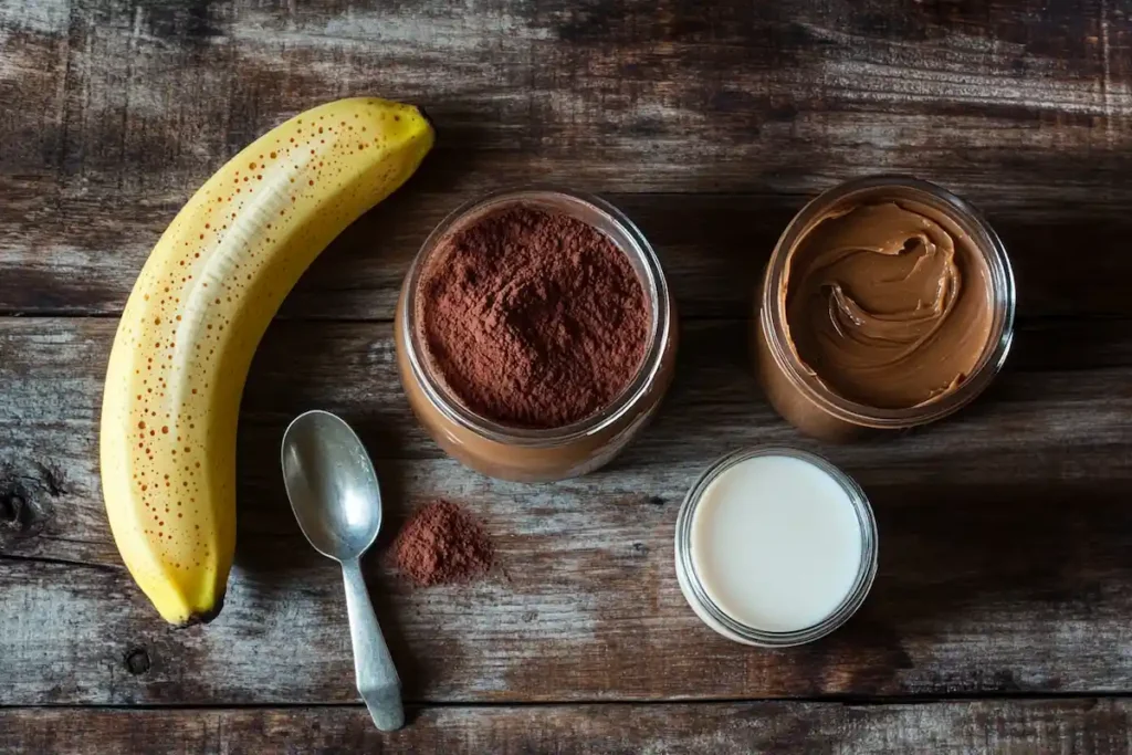 Ingredients for a chocolate peanut butter smoothie, including peanut butter, cocoa powder, and banana.