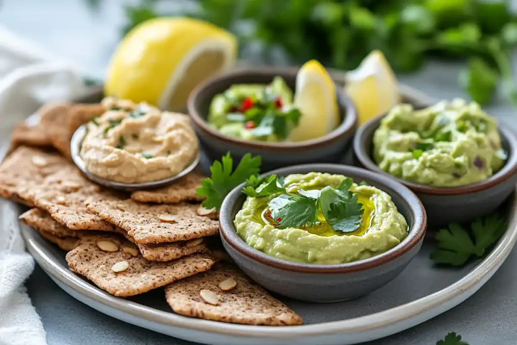 Almond crackers served with dips and spreads.