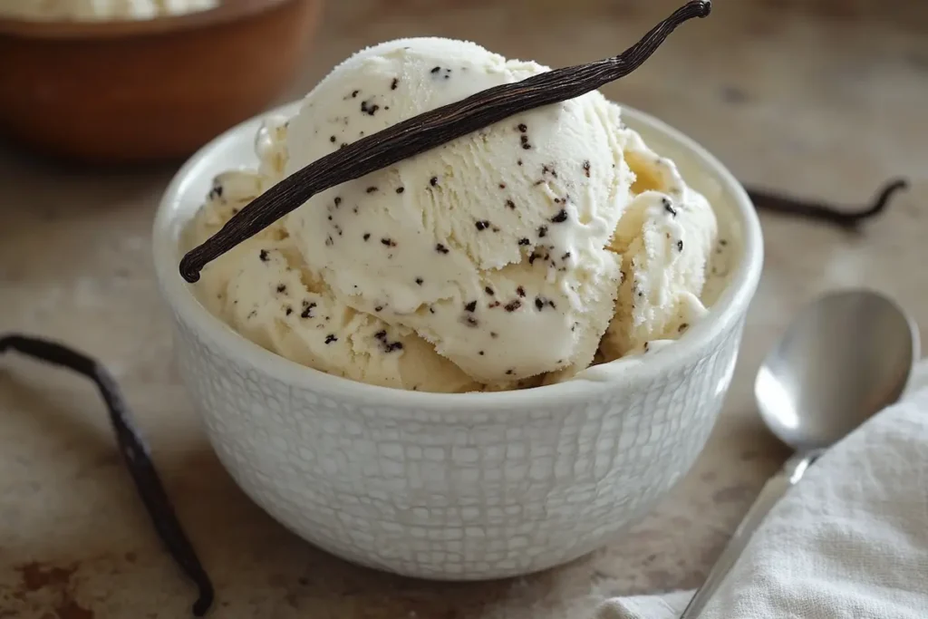 Classic vanilla bean ice cream in a bowl.