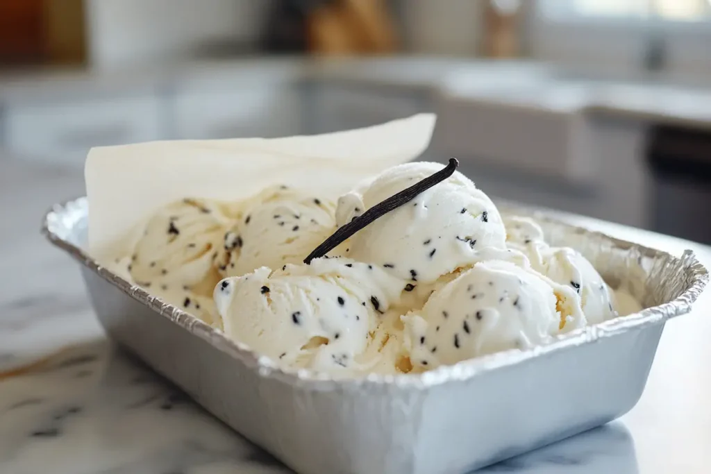 Vanilla bean ice cream scoops in a freezer-safe container.