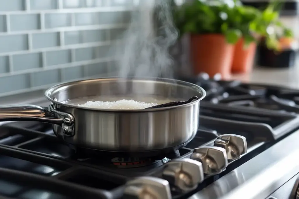 Simple vanilla syrup simmering on stovetop