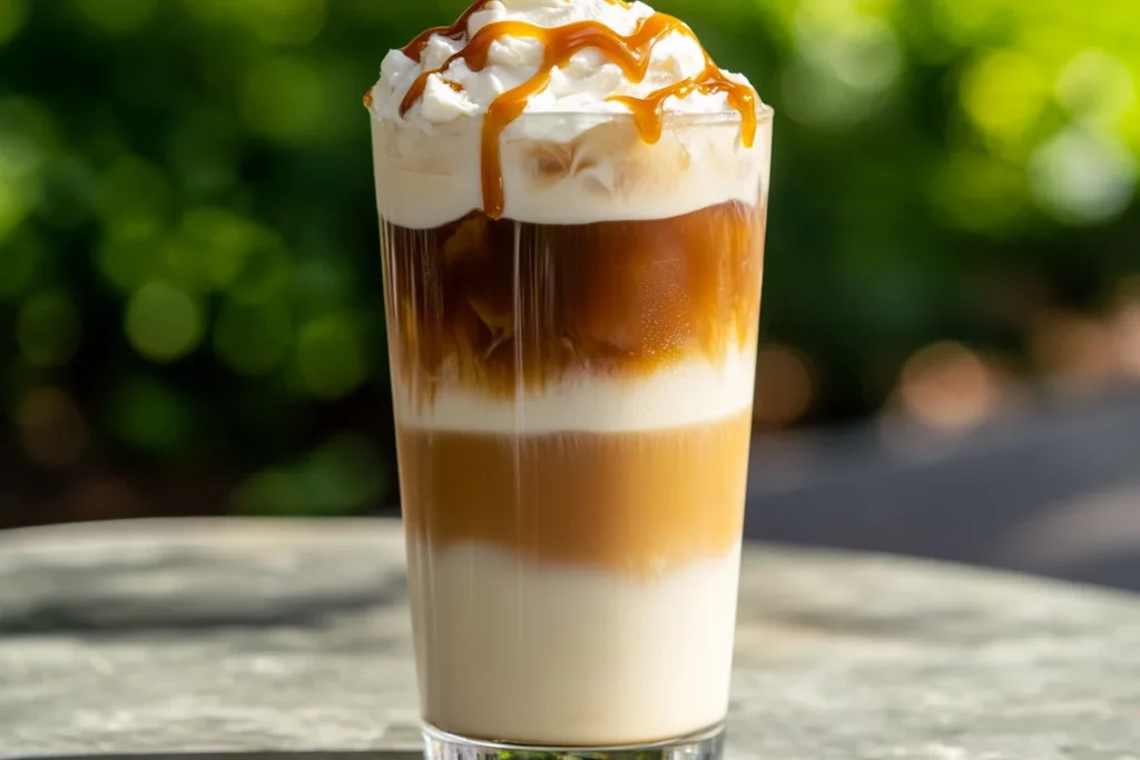 Iced caramel latte with whipped cream