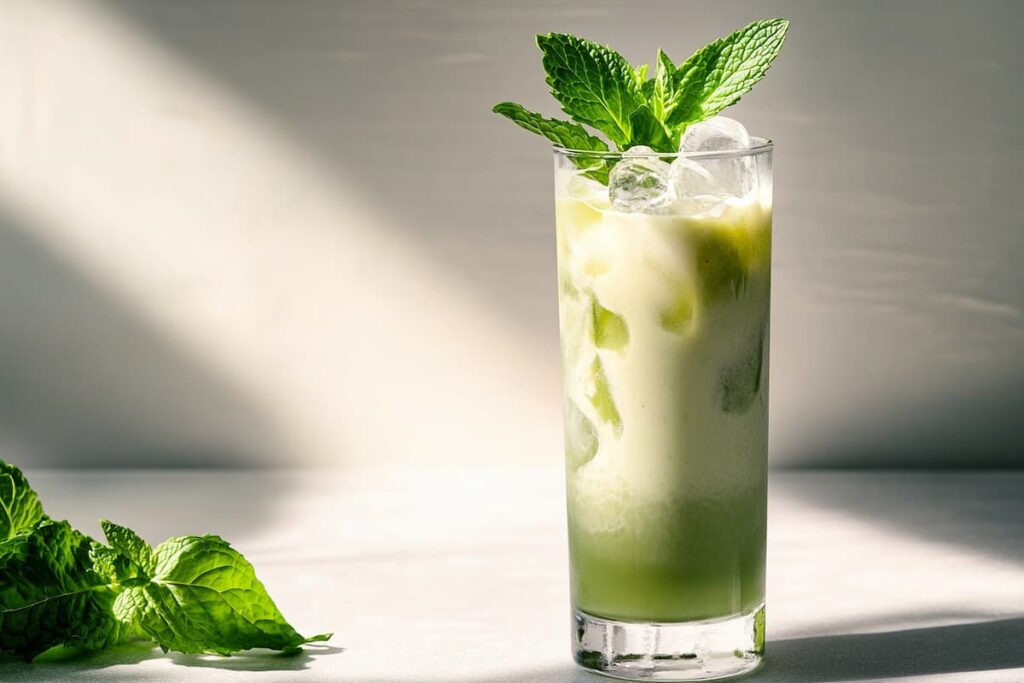 Iced matcha latte in a tall glass
