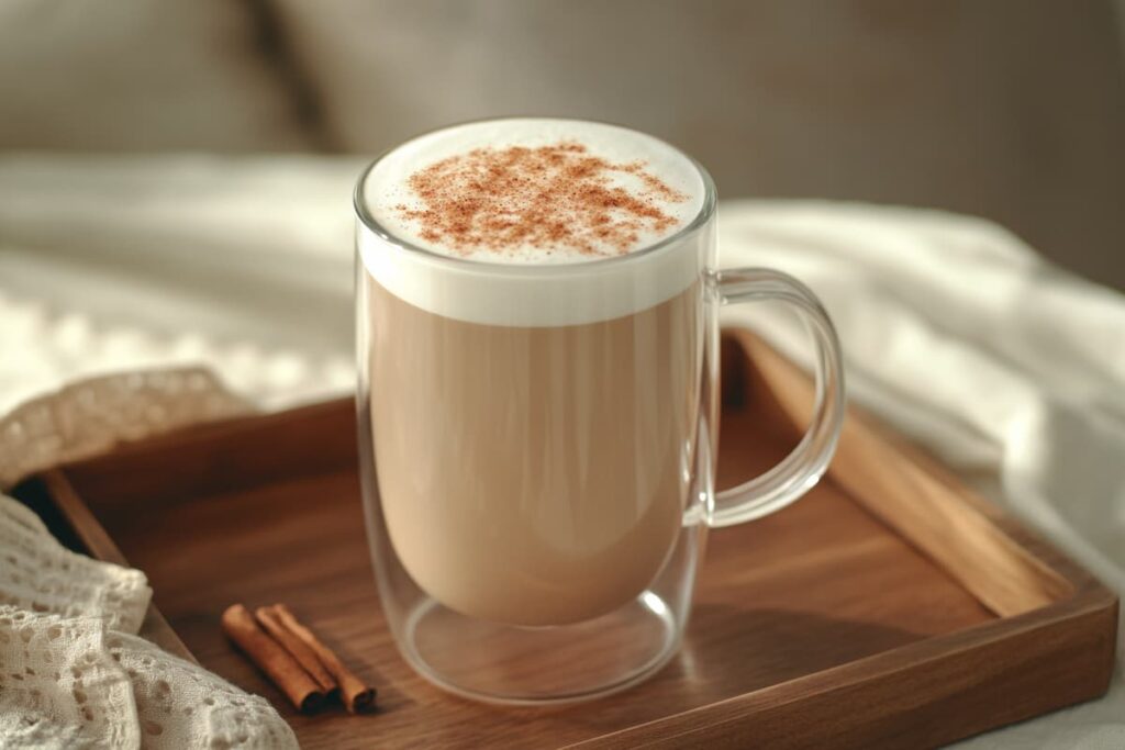 Finished Spanish latte with cinnamon garnish