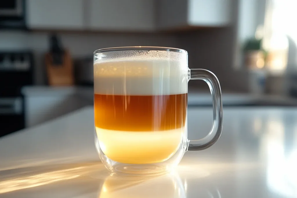 Steeped tea latte in clear glass