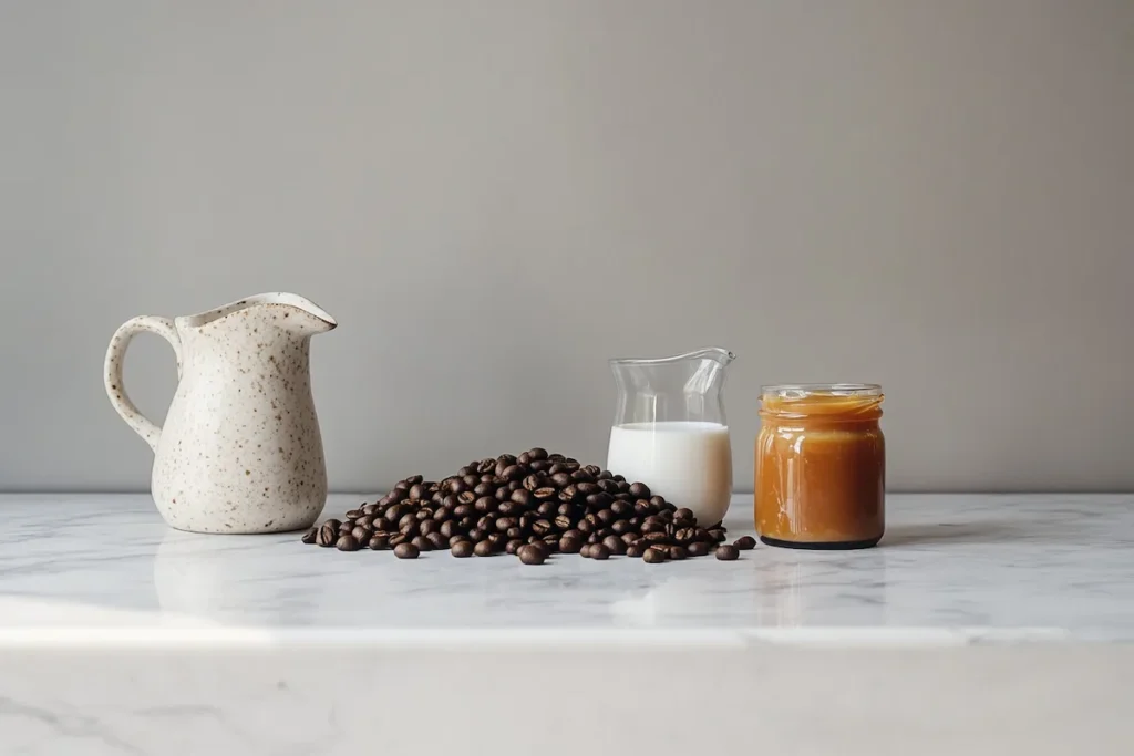Ingredients for homemade caramel latte recipe