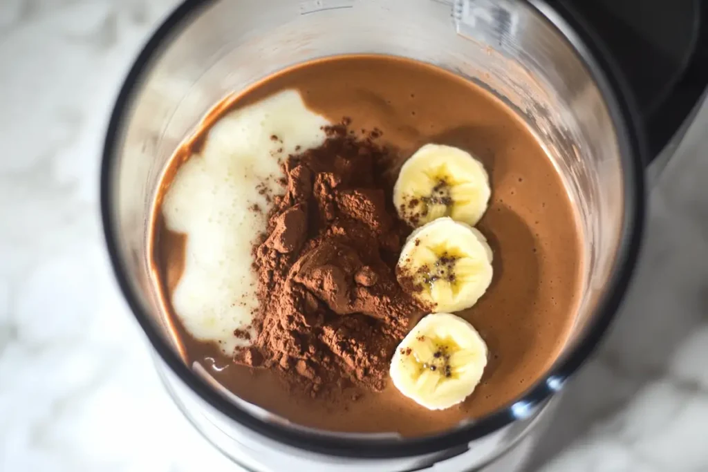 A blender mixing the chocolate peanut butter smoothie ingredients.