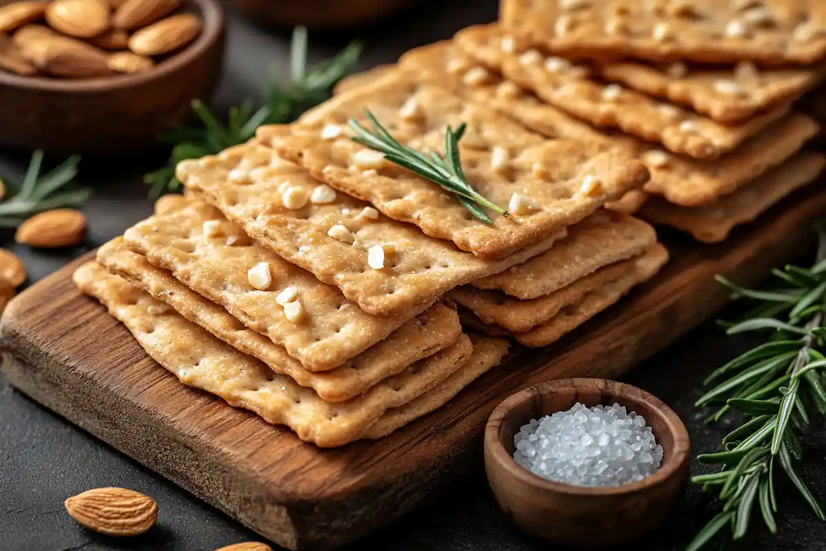 Freshly baked almond crackers arranged on a wooden board with rosemary sprigs.