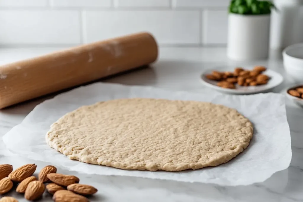 Rolled-out almond cracker dough on parchment paper.