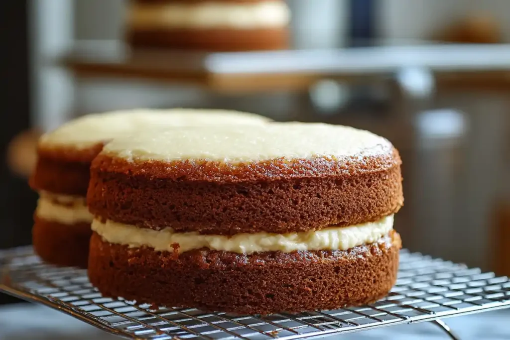 Freshly baked lemon velvet cake layers cooling on a wire rack.