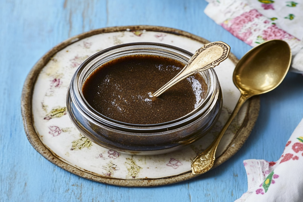 Homemade vanilla bean paste in a glass jar with a golden spoon.