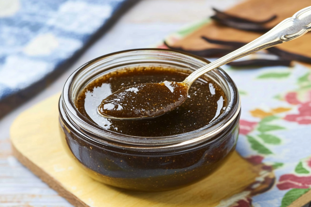 Homemade vanilla bean paste on a spoon with a jar of paste.