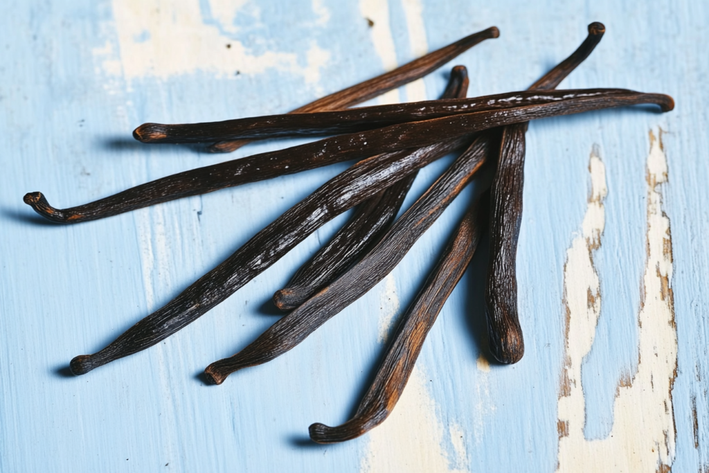 Fresh vanilla beans on a rustic blue wooden surface.