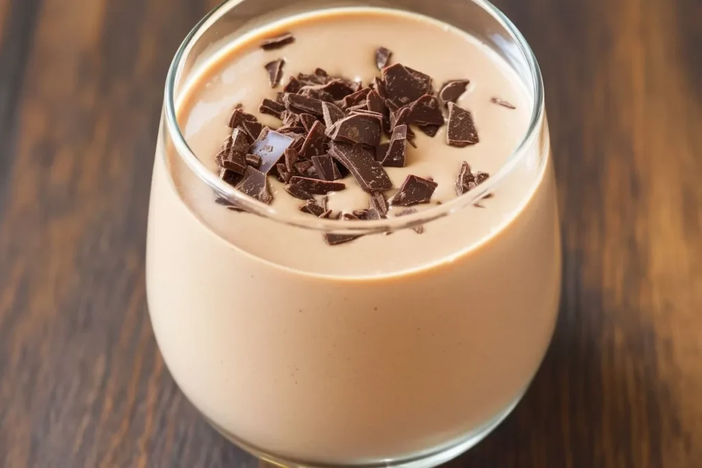 Chocolate peanut butter smoothie topped with dark chocolate shavings.